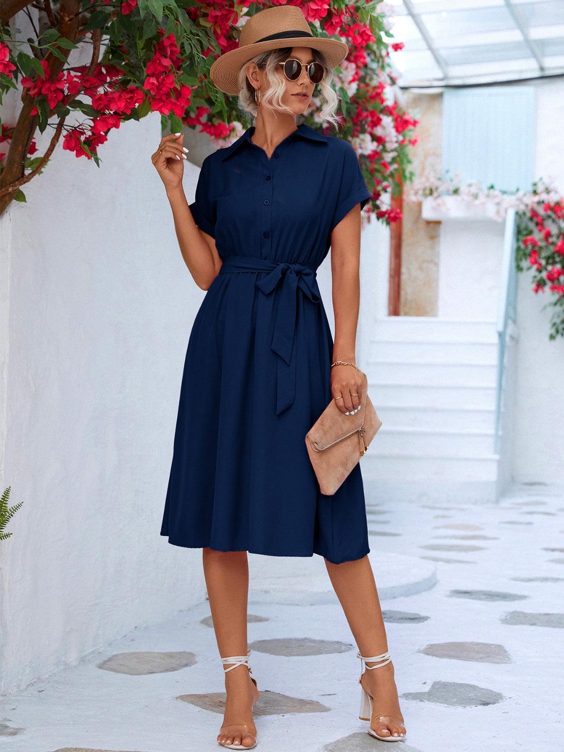 Buttoned Tie Waist Short Sleeve Dress - ClubOn