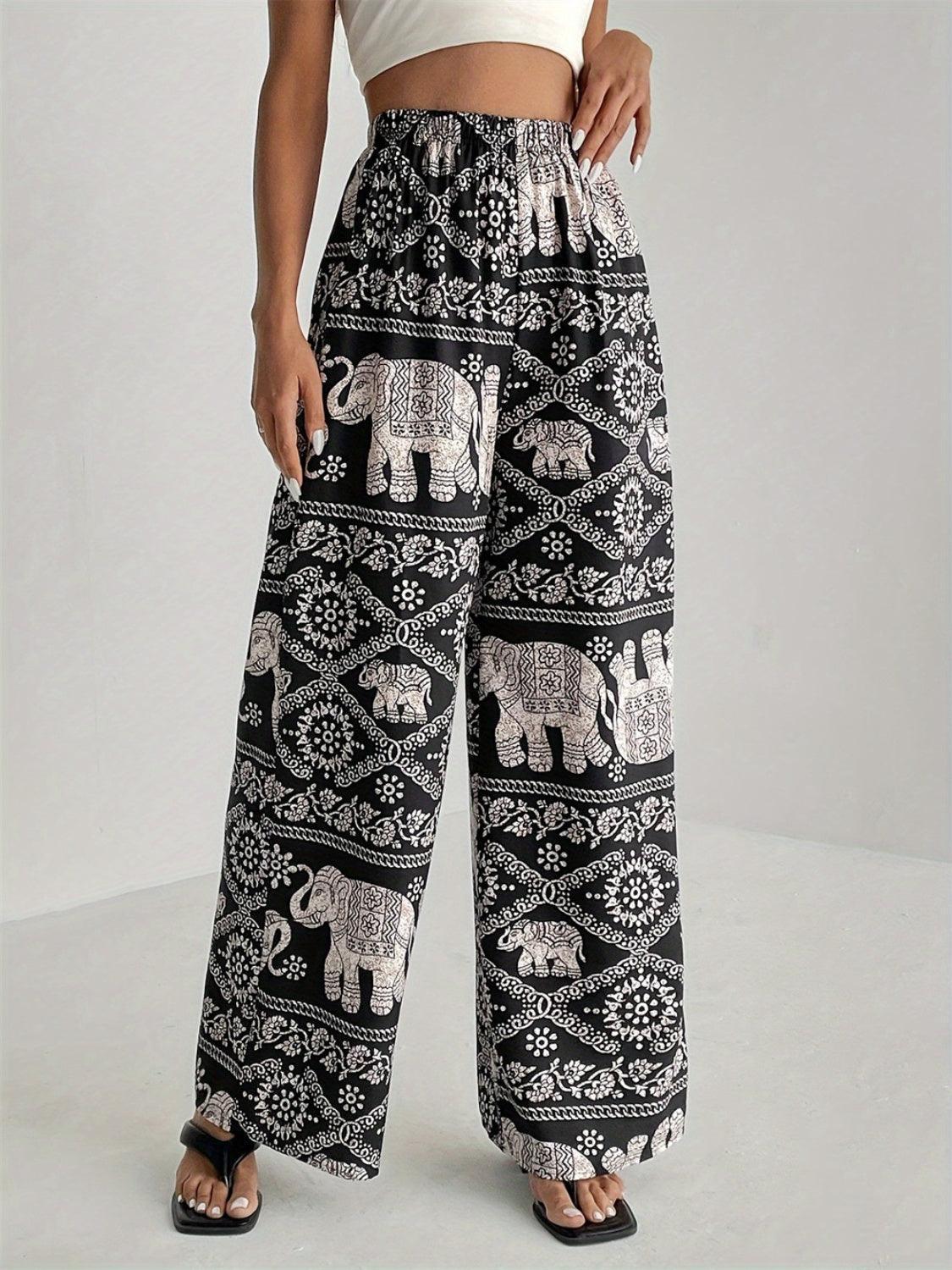 Printed Wide Leg Elastic Waist Pants – Effortless Comfort - ClubOn