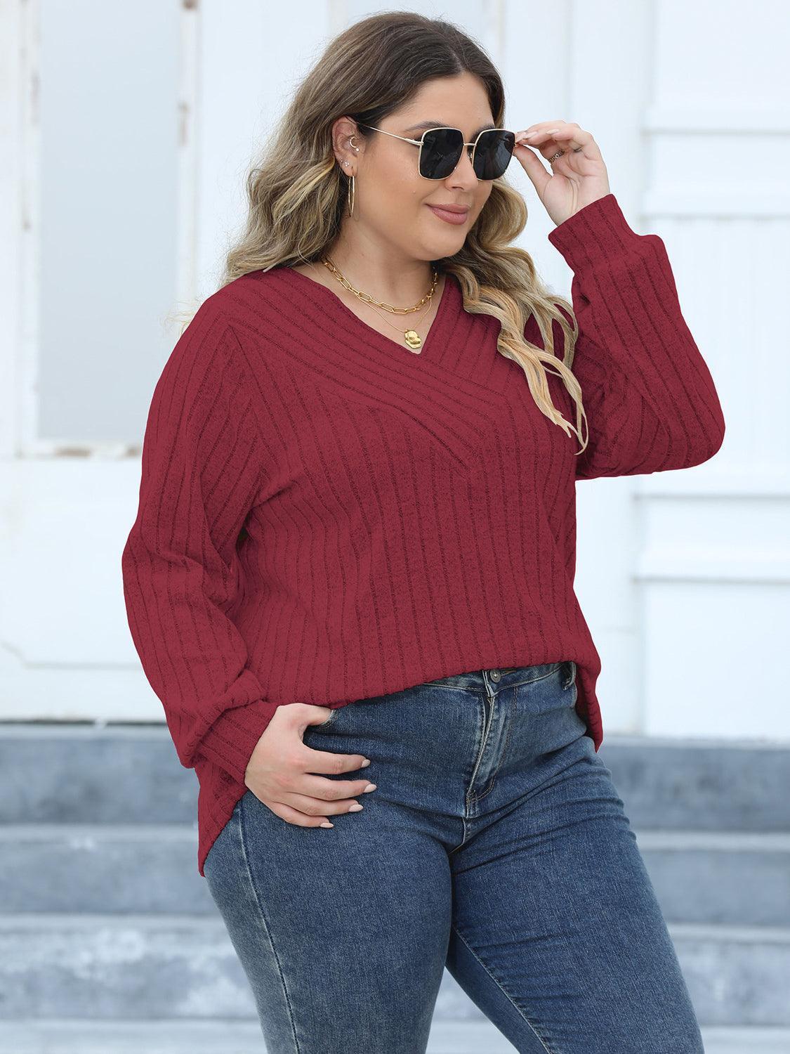 Plus Size Ribbed V-Neck Long Sleeve Top - ClubOn