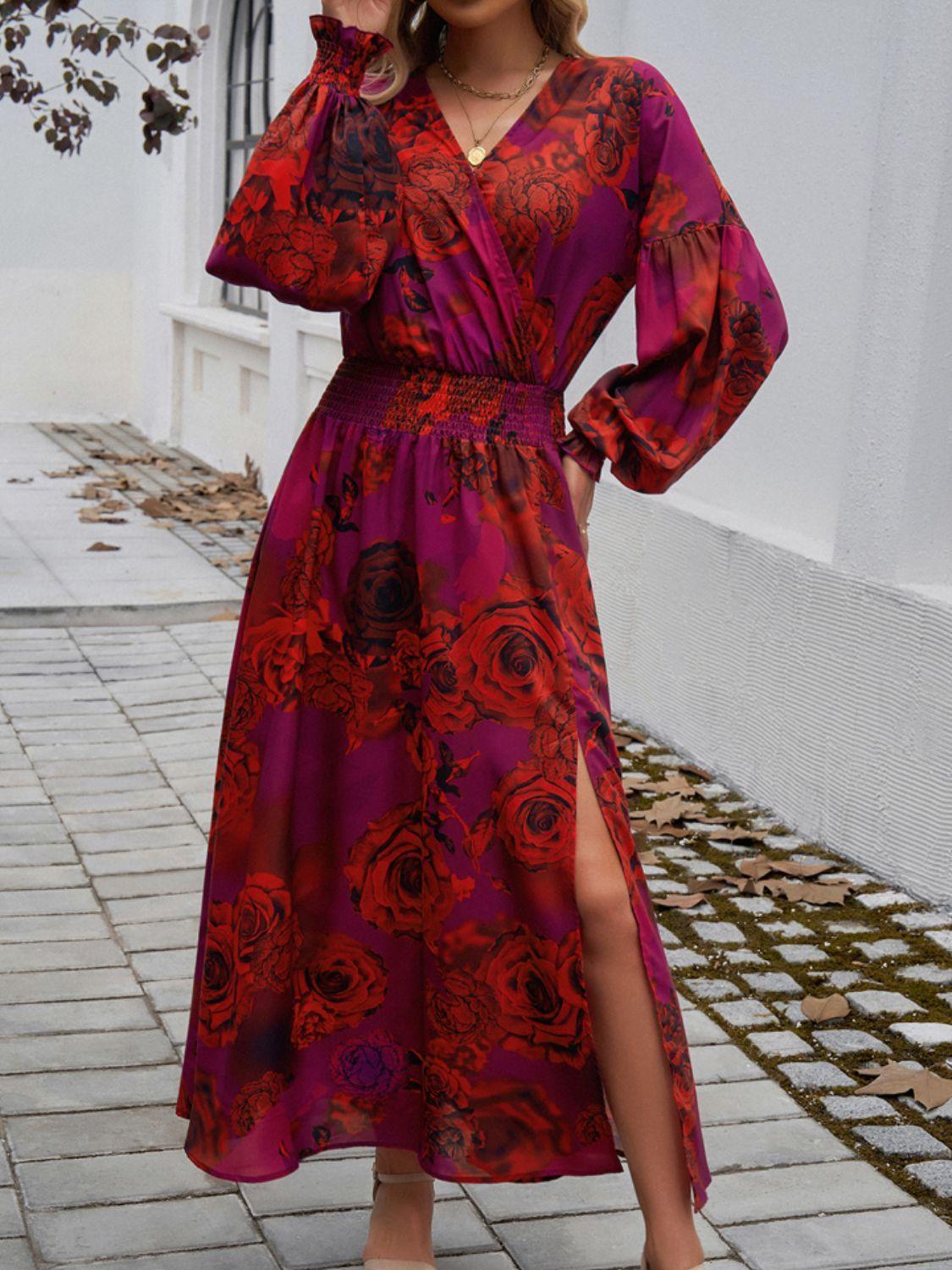 Devine Split Printed Surplice Long Sleeve Midi Dress - ClubOn
