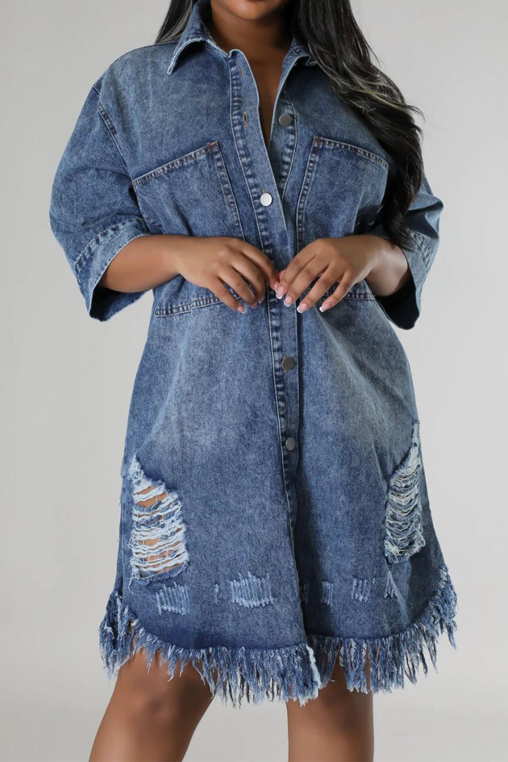 Distressed Raw Hem Button Up Denim Dress - ClubOn
