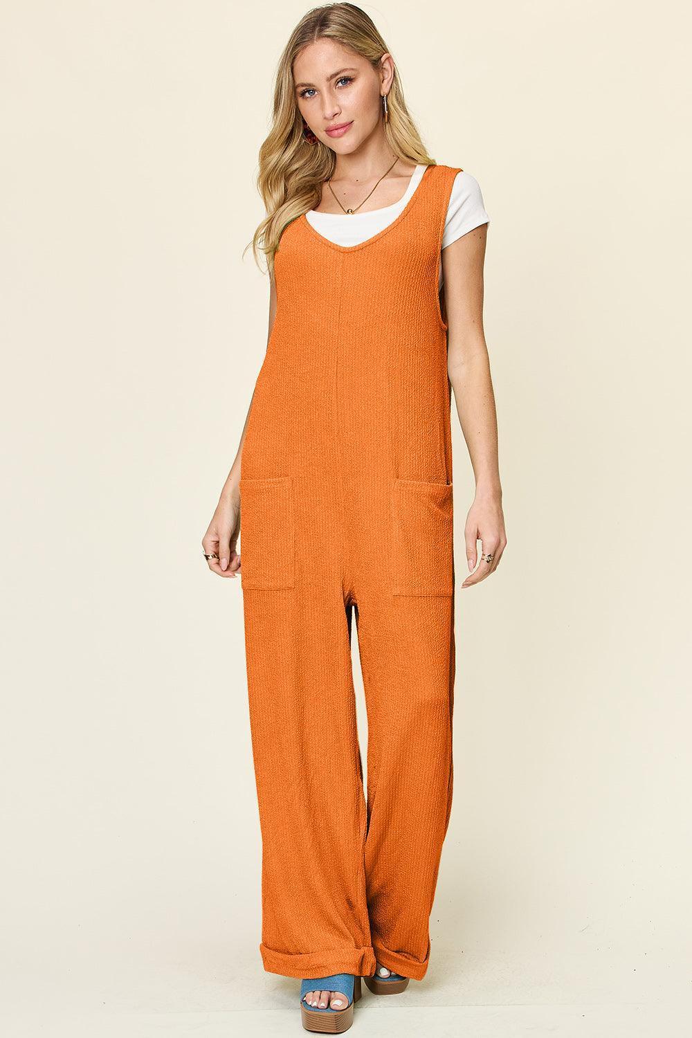 Double Take Full Size Texture Sleeveless Wide Leg Jumpsuit - ClubOn