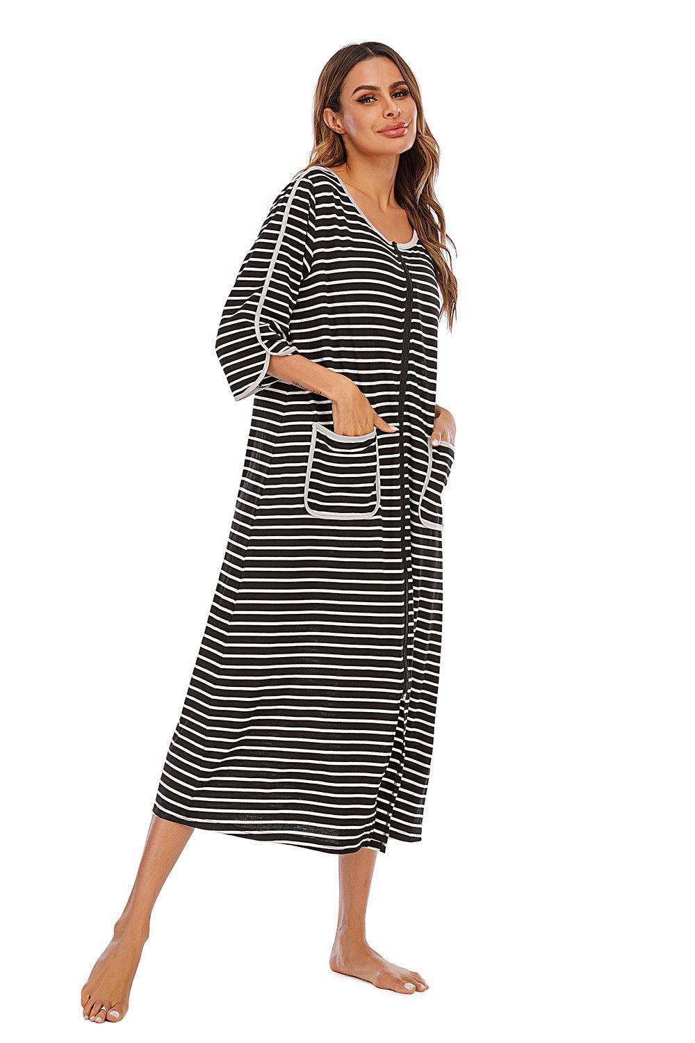 Round Neck Three-Quarter Sleeve Midi Night Dress - ClubOn