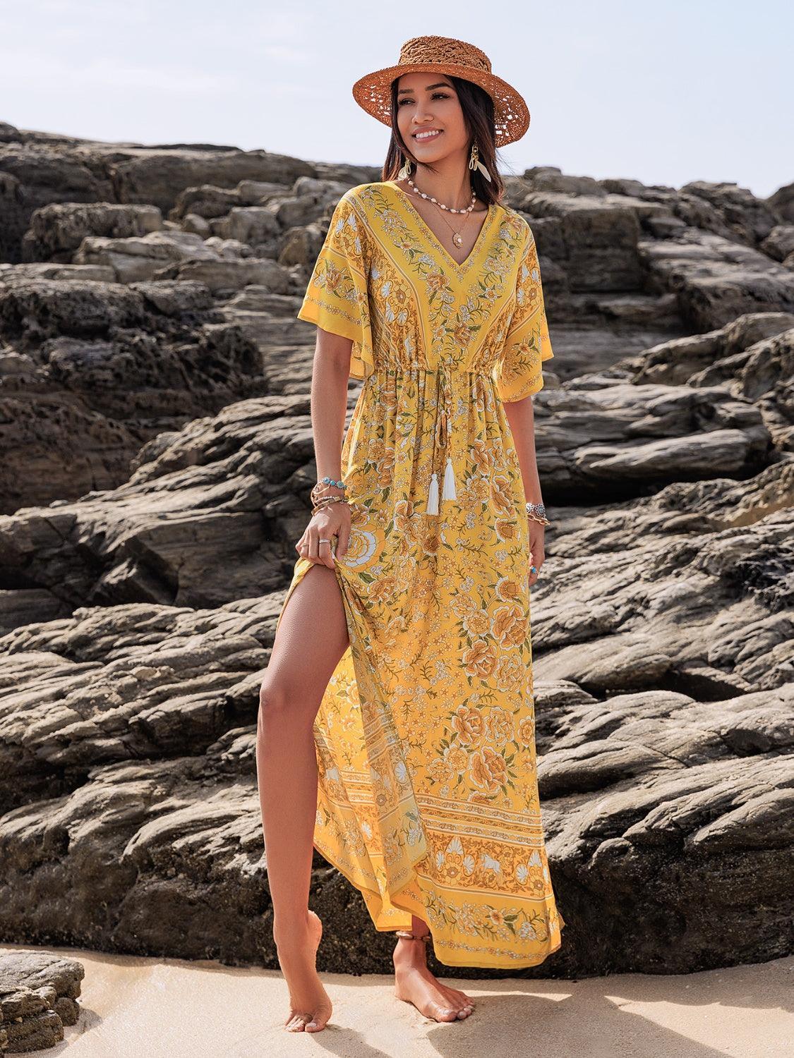 Drawstring Printed Plunge Half Sleeve Dress - ClubOn