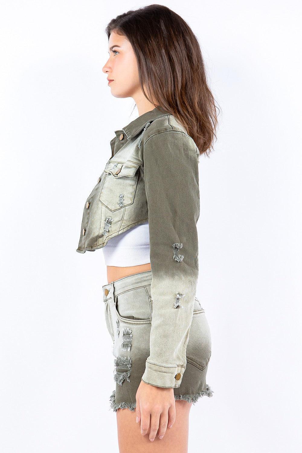 American Bazi Distressed Ombre Washed Cropped Denim Jacket - ClubOn