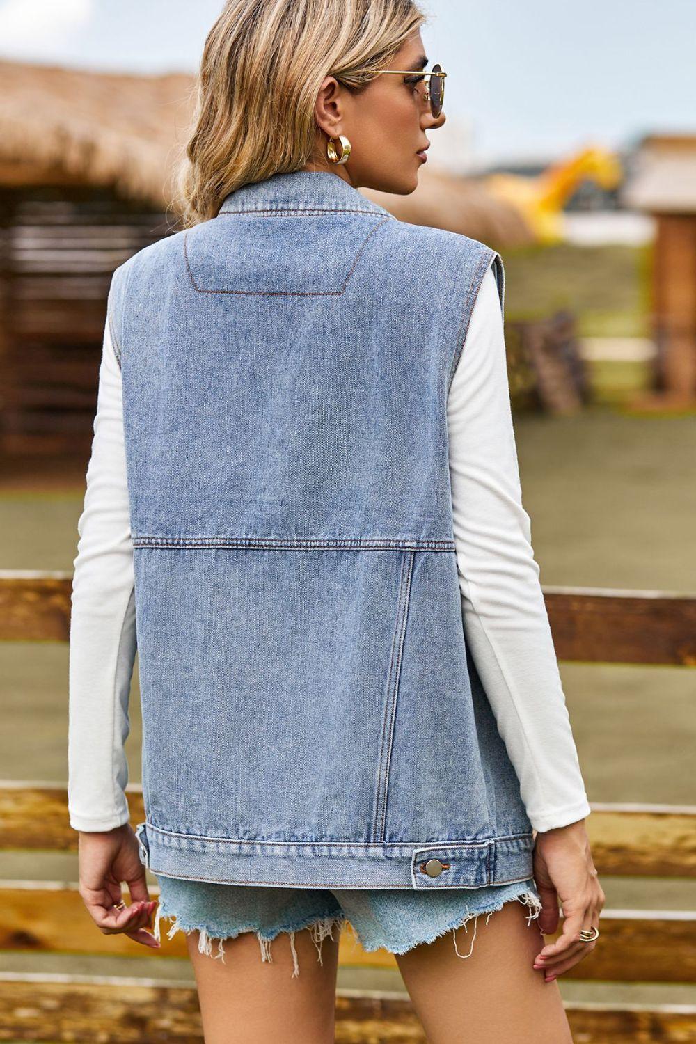 Sleeveless Collared Neck Denim Top with Pockets - ClubOn