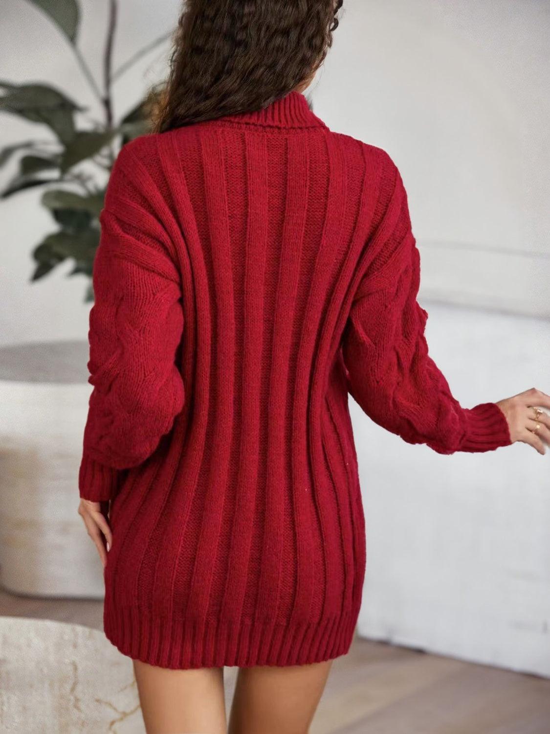 Cable-Knit Turtleneck Sweater Dress - ClubOn