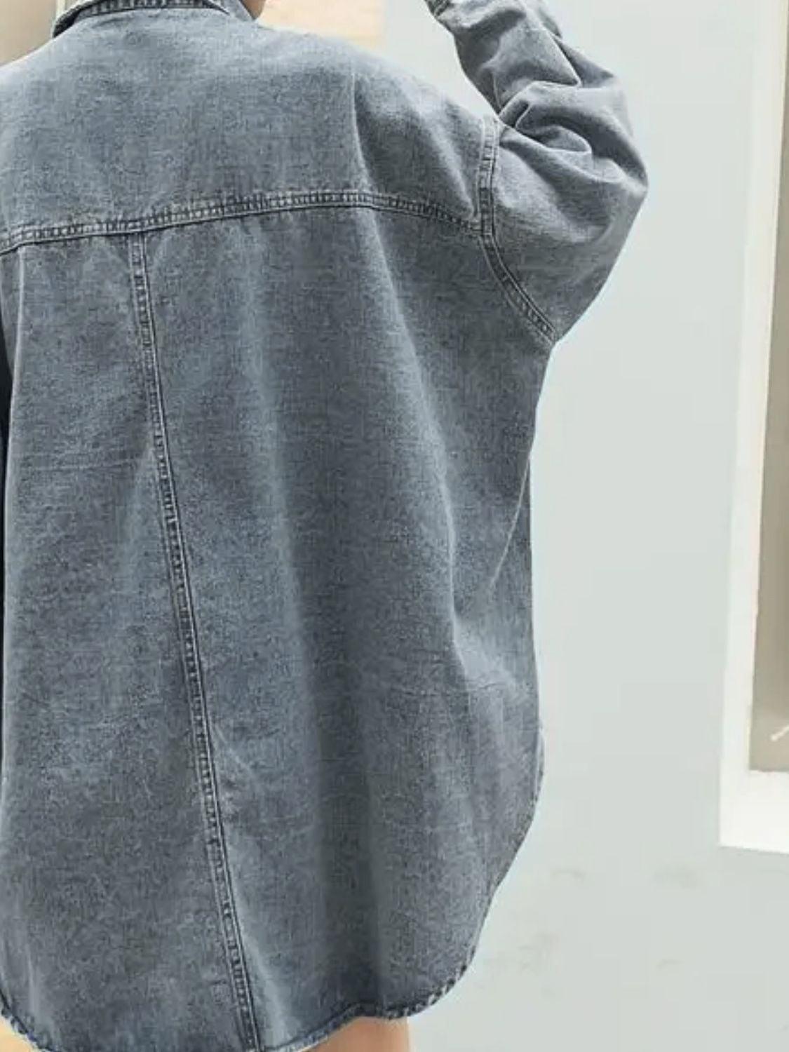 Embroidered Patch Button Up Long Sleeve Denim Jacket - ClubOn