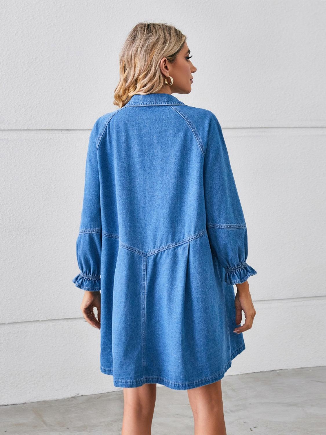 Button Up Flounce Sleeve Mini Denim Dress - ClubOn