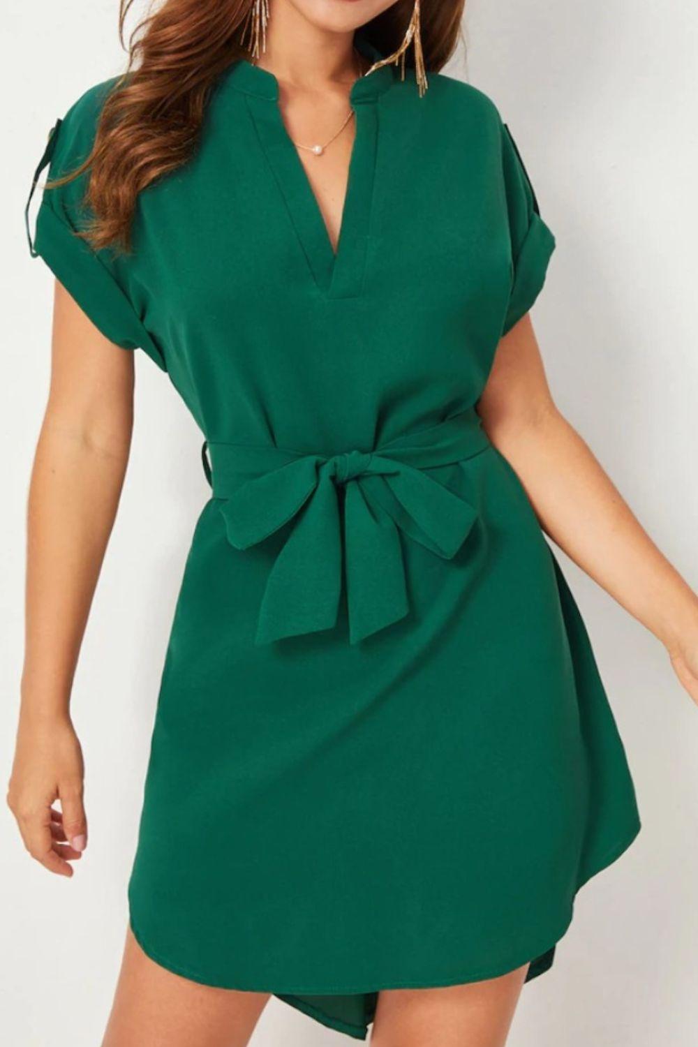 Tied Notched Short Sleeve Dress - ClubOn