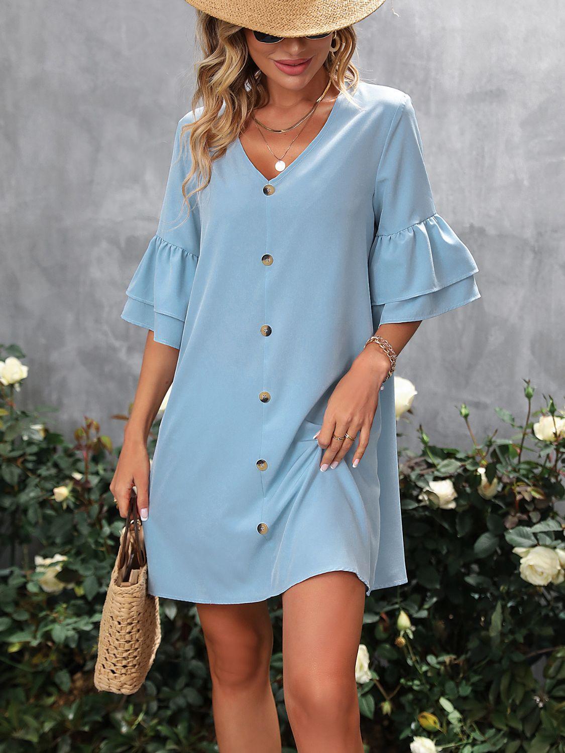 V-Neck Half Sleeve Mini Dress - ClubOn