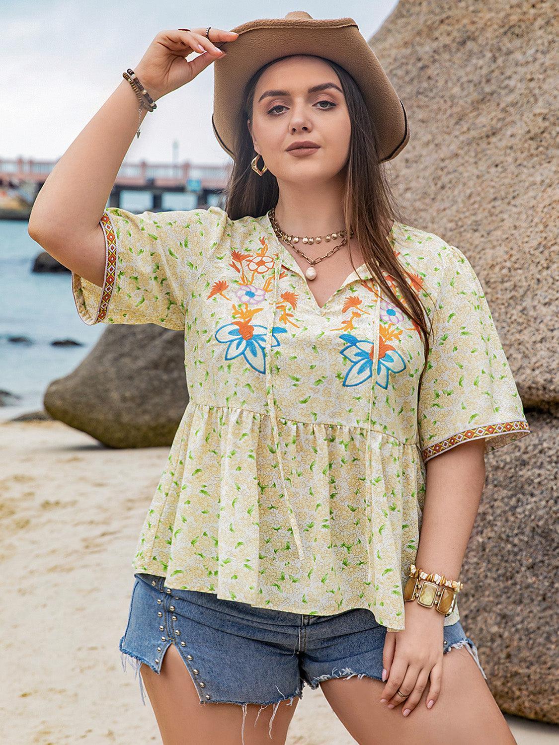 Plus Size Printed Tie Neck Half Sleeve Blouse - ClubOn