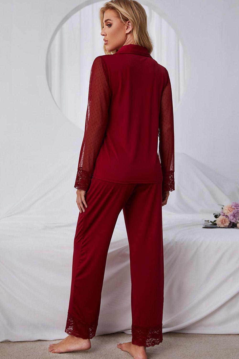 Spliced Lace Lapel Collar Pajama Set - ClubOn
