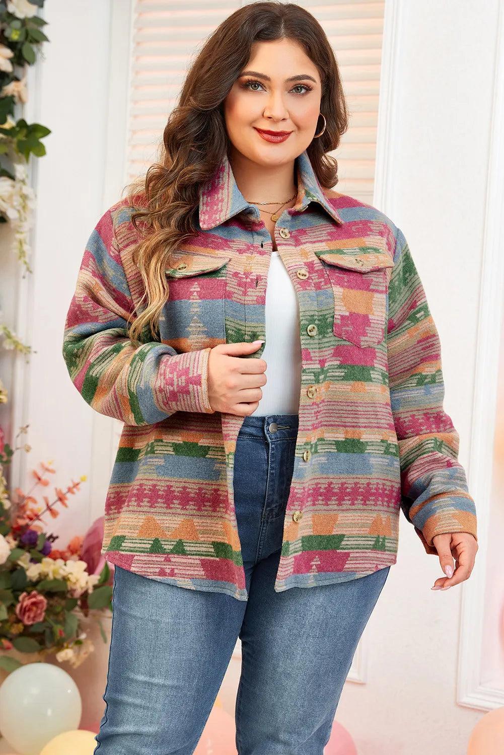 Plus Size Pocketed Printed Collared Neck Jacket - ClubOn