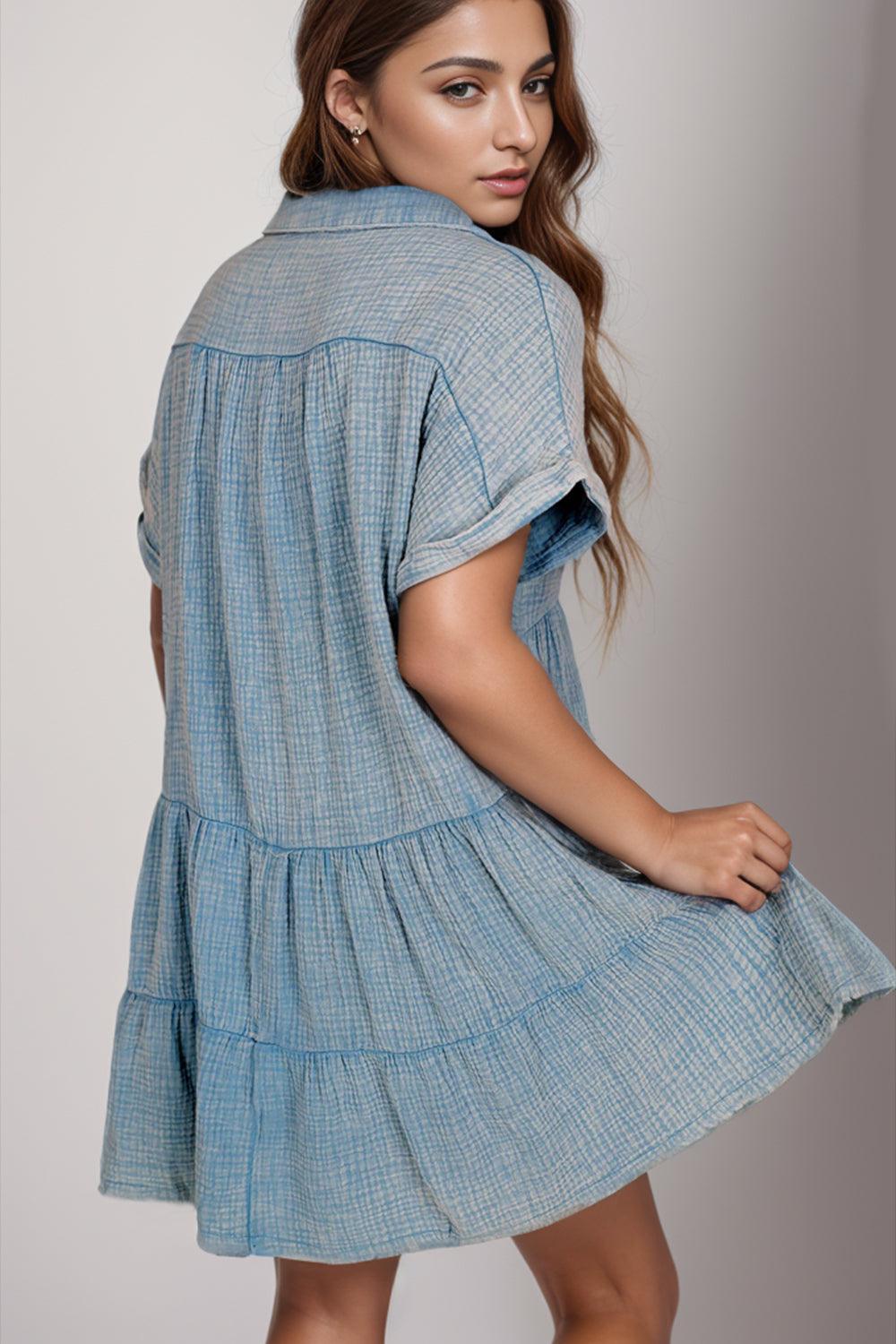 Tiered Notched Short Sleeve Dres - ClubOn