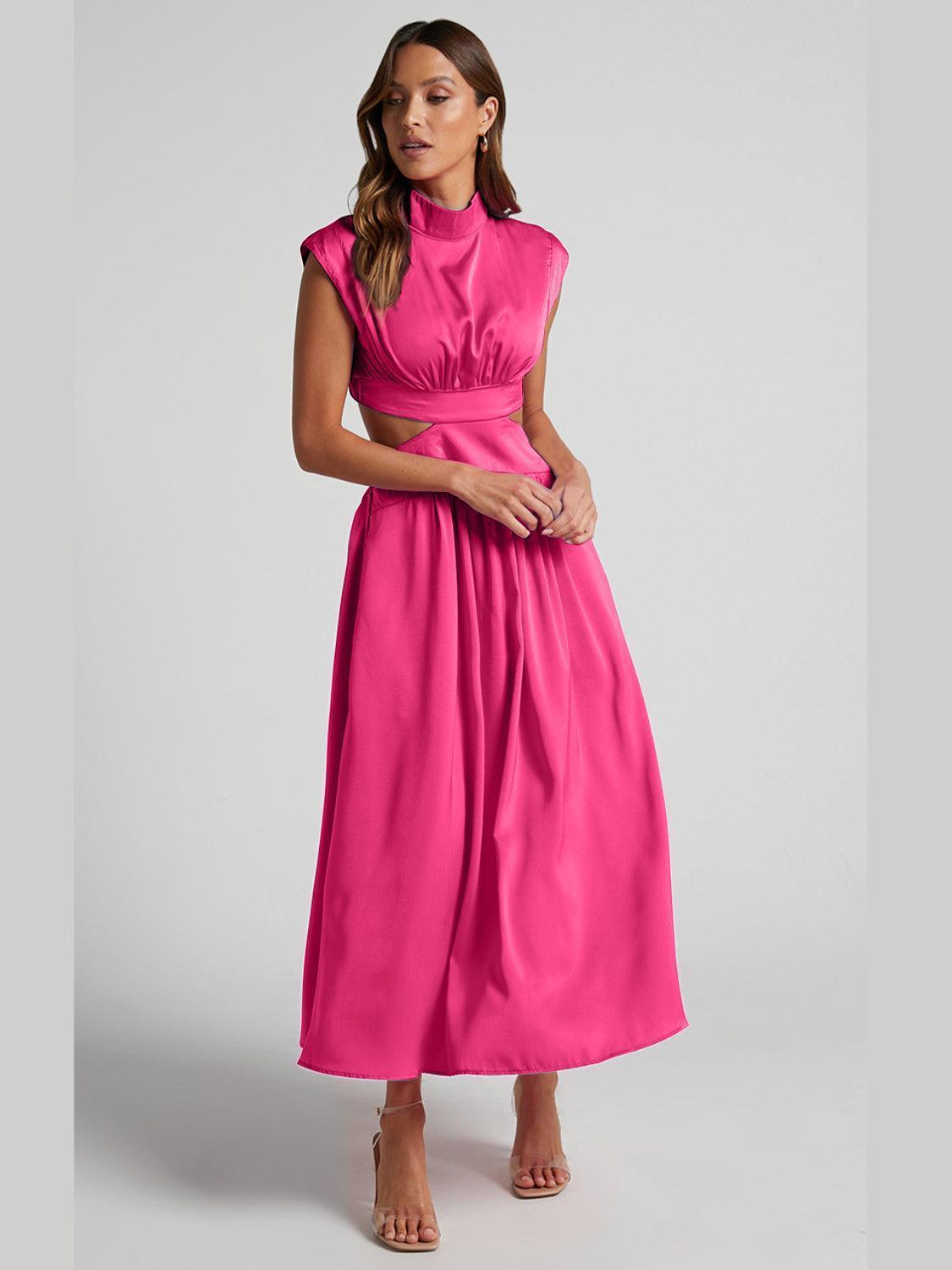 Cutout Mock Neck Sleeveless Ruched Dress - ClubOn