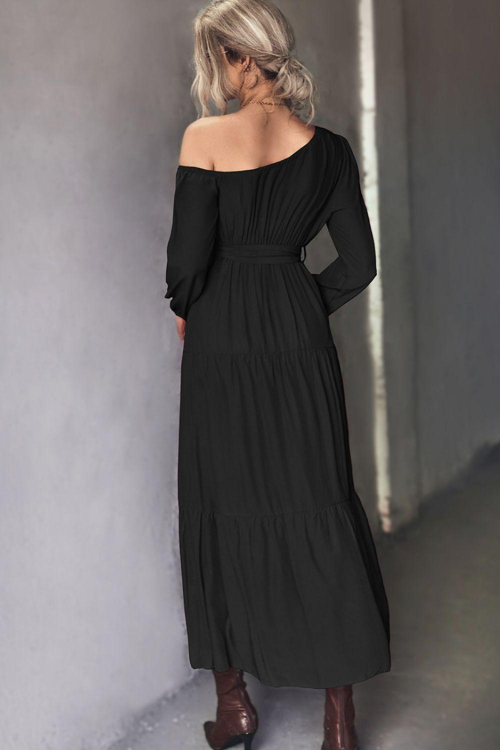 Belted One-Shoulder Tiered Maxi Dress - ClubOn