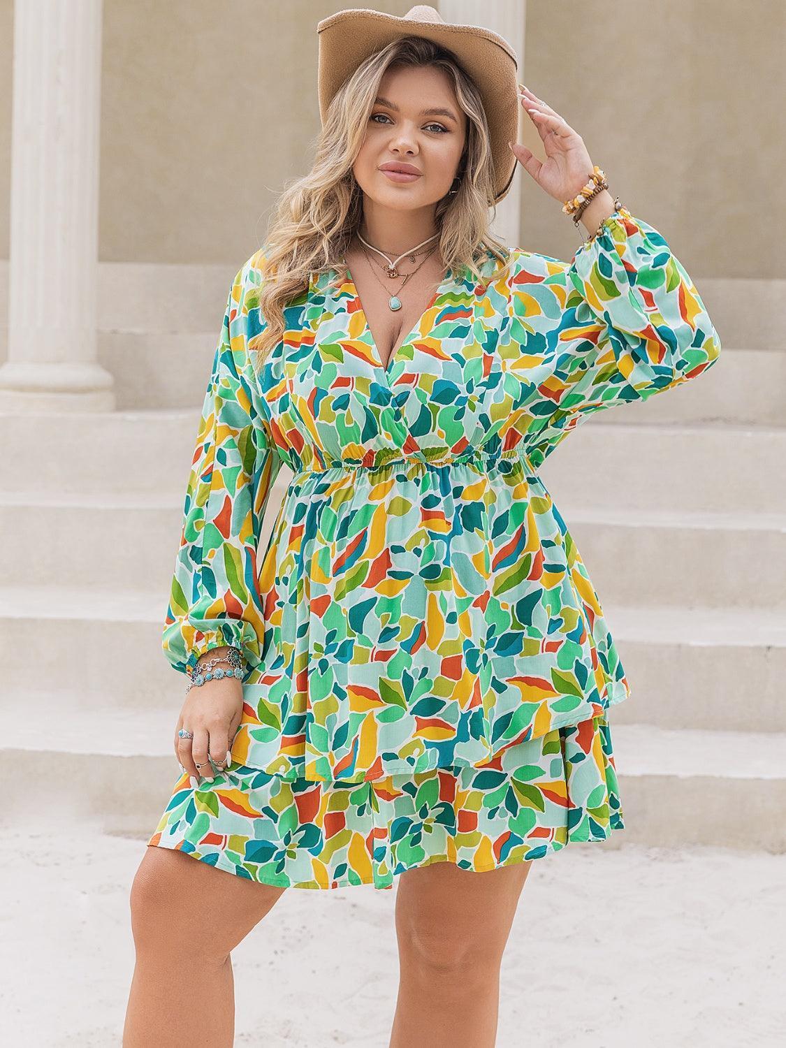 Plus Size Printed Surplice Long Sleeve Mini Dress - ClubOn