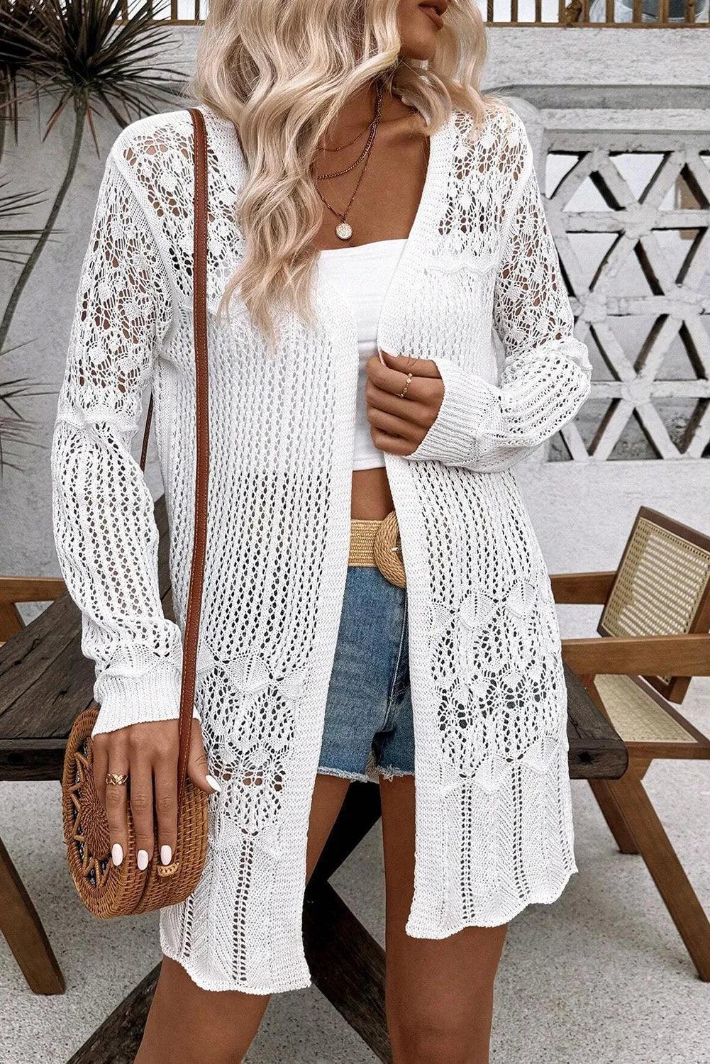 Openwork Open Front Long Sleeve Cardigan - ClubOn