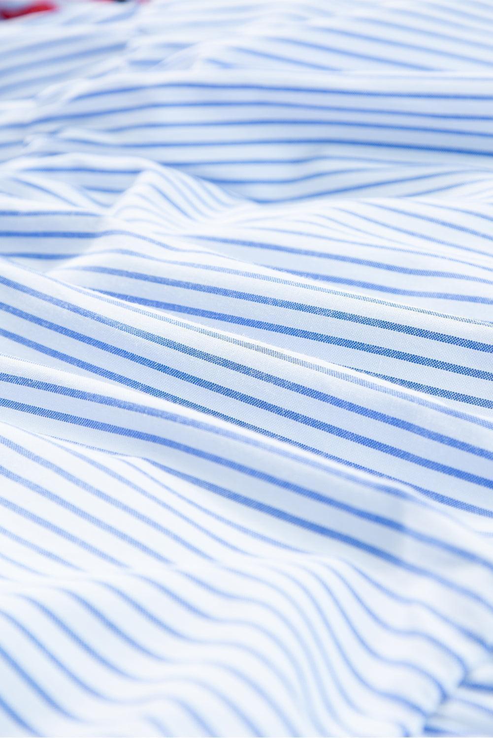 Embroidered Striped Notched Short Sleeve Dress - ClubOn