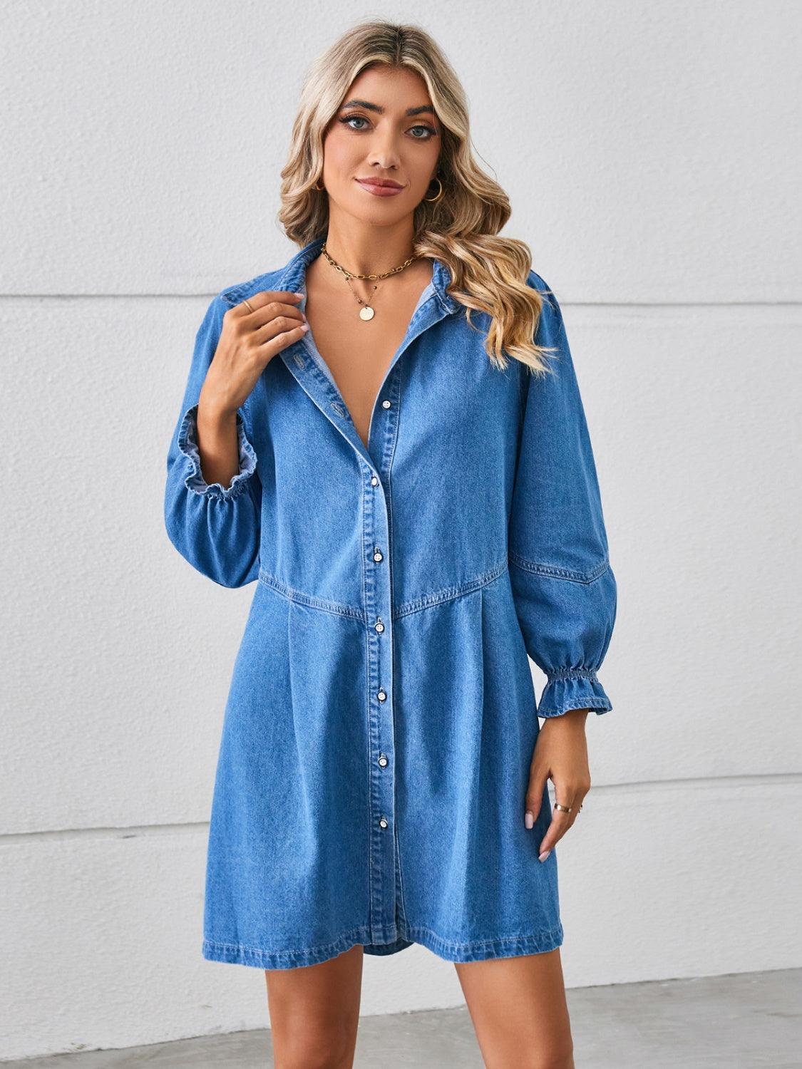 Button Up Flounce Sleeve Mini Denim Dress - ClubOn