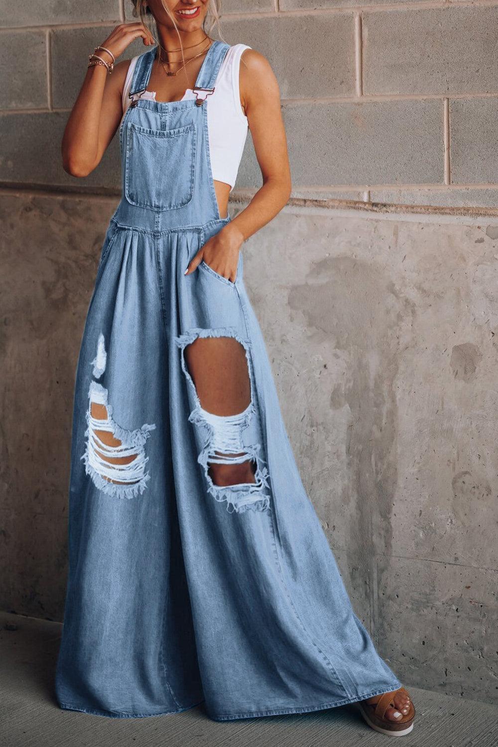 Distressed Wide Leg Denim Overalls - ClubOn