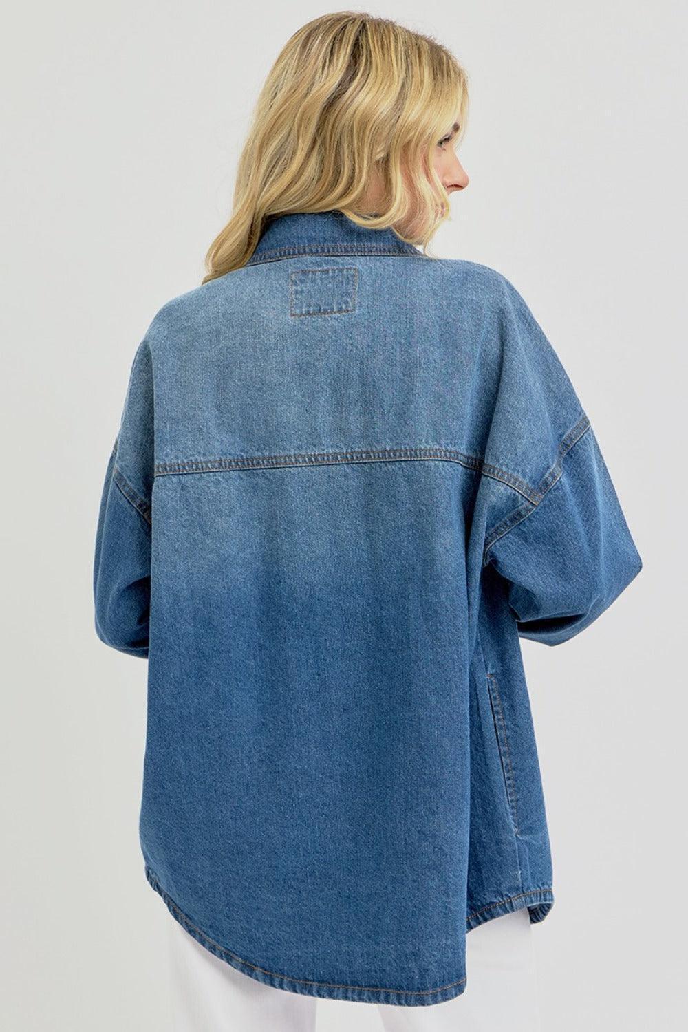 RISEN Full Size Snap Down Long Sleeve Denim Shacket - ClubOn