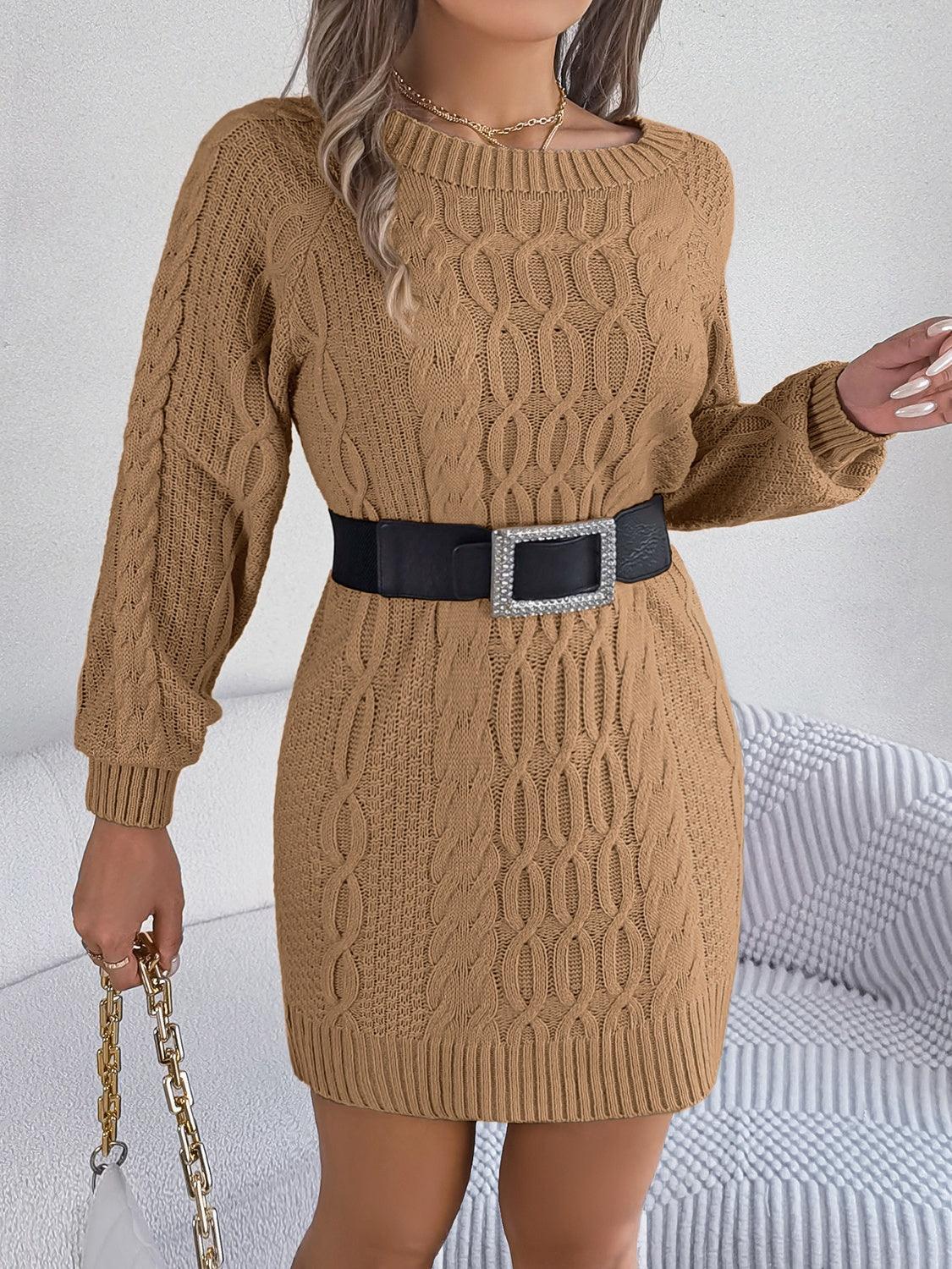 Cable-Knit Round Neck Sweater Dress - ClubOn