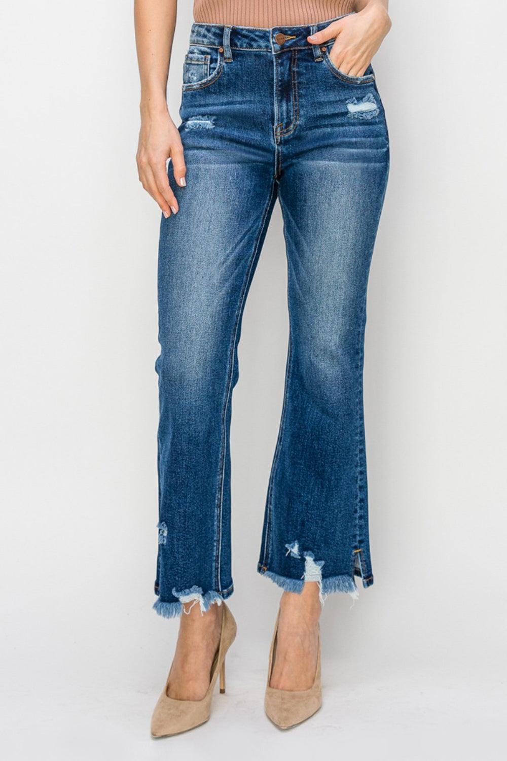 RISEN High Waist Raw Hem Flare Jeans - ClubOn