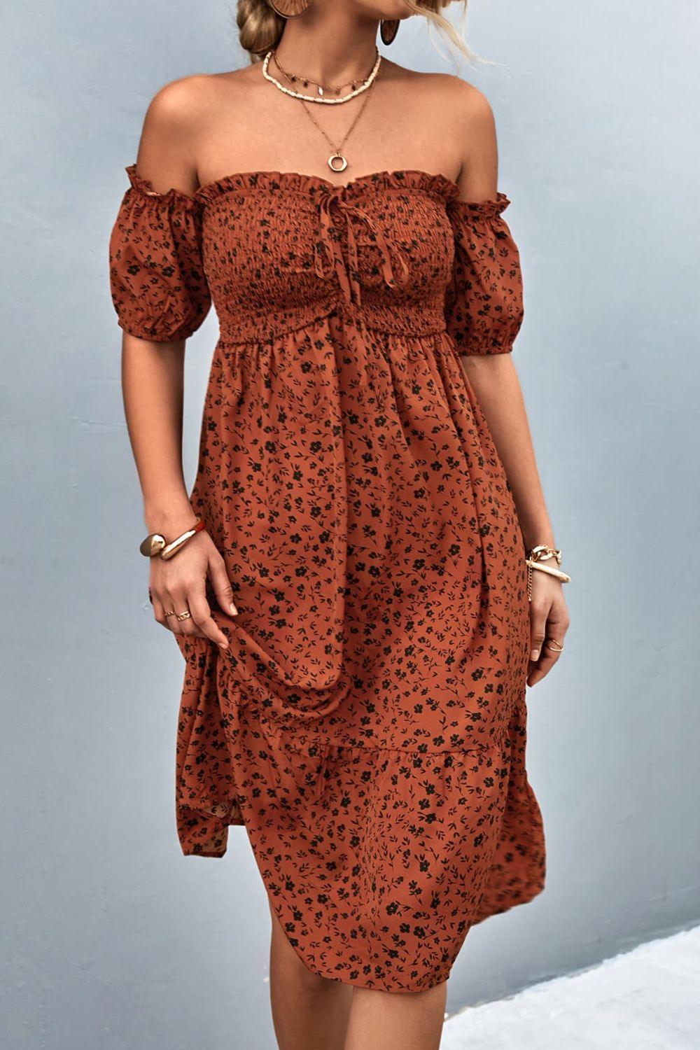 Ditsy Floral Smocked Frill Trim Off-Shoulder Dress - ClubOn