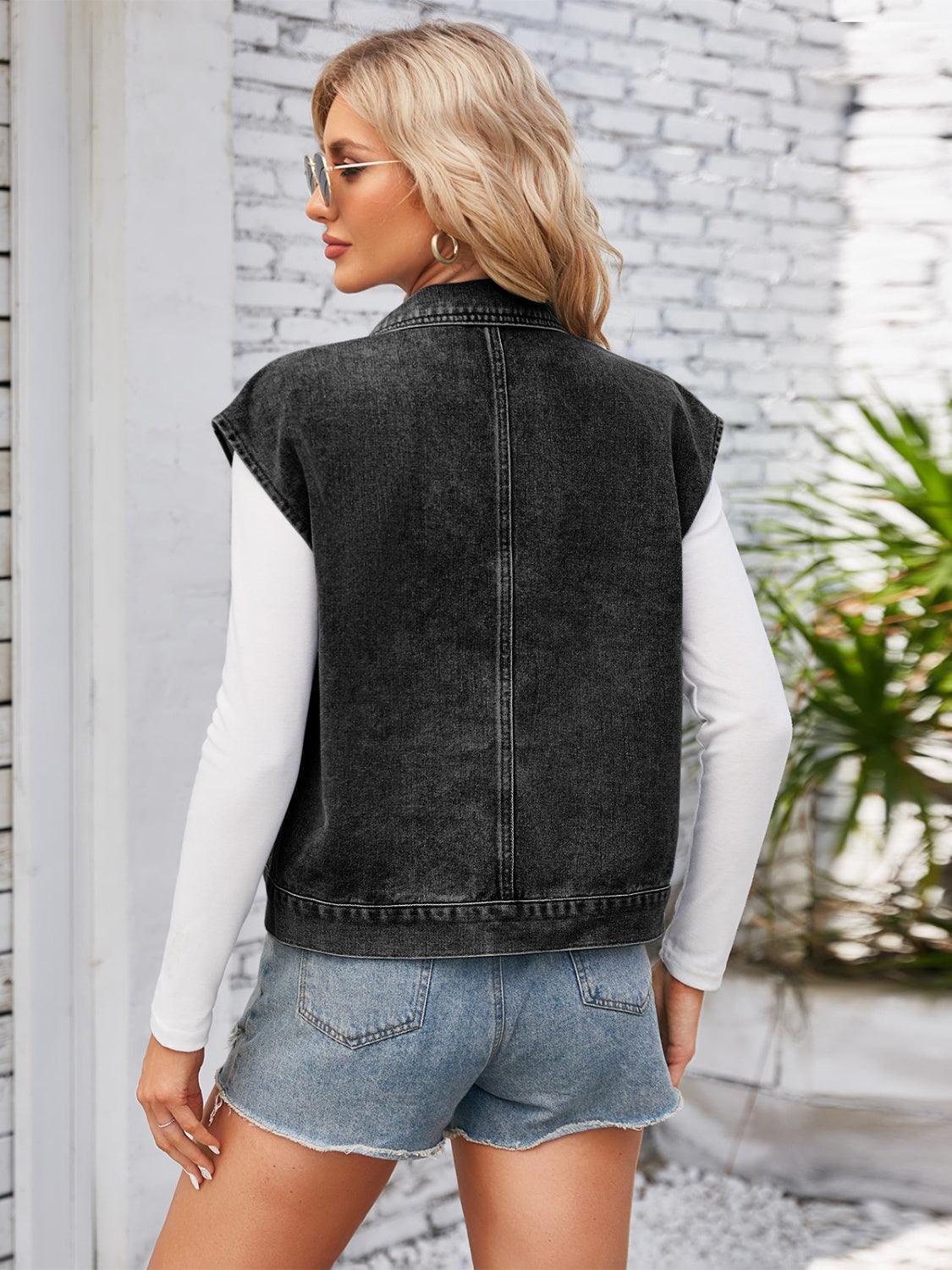 Cap Sleeve Denim Jacket with Pockets - ClubOn