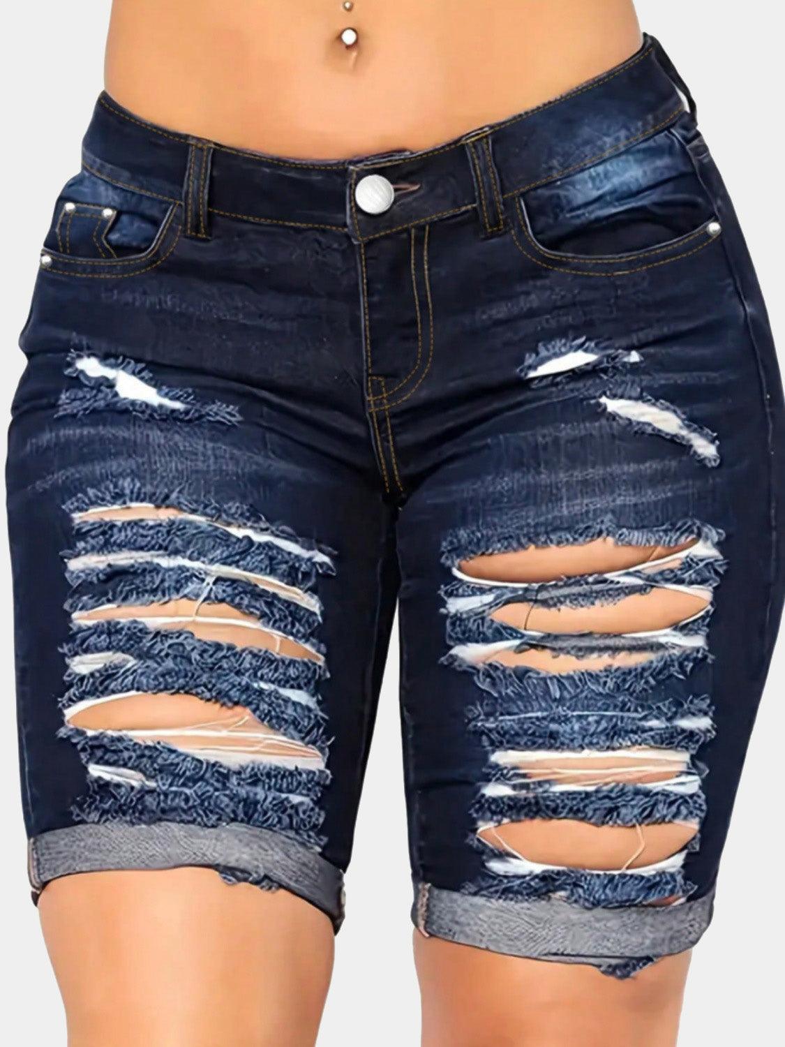 Distressed Denim Shorts with Pockets - ClubOn