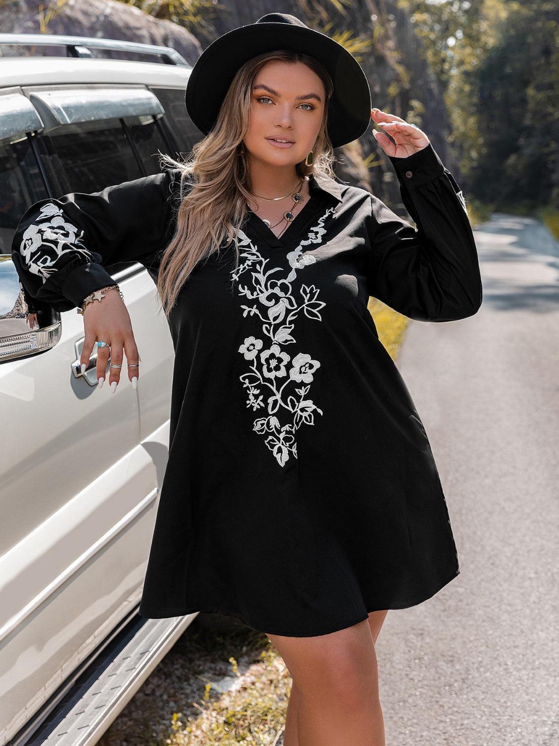 Plus Size Embroidered Long Sleeve Mini Dress - ClubOn