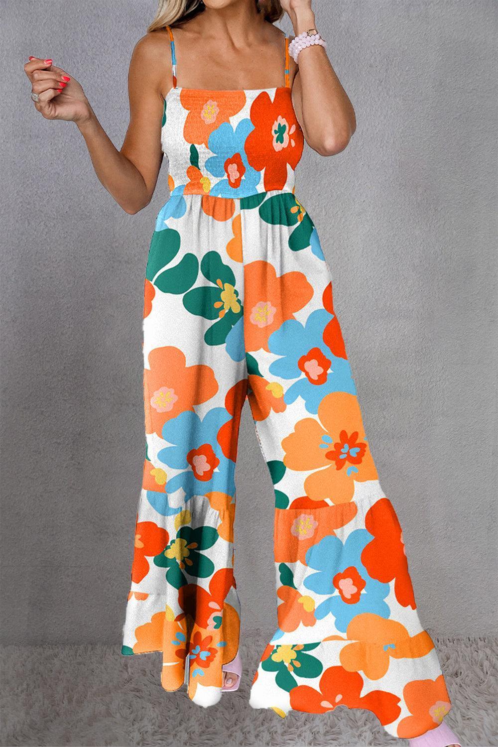 Printed Smocked Spaghetti Strap Jumpsuit - ClubOn