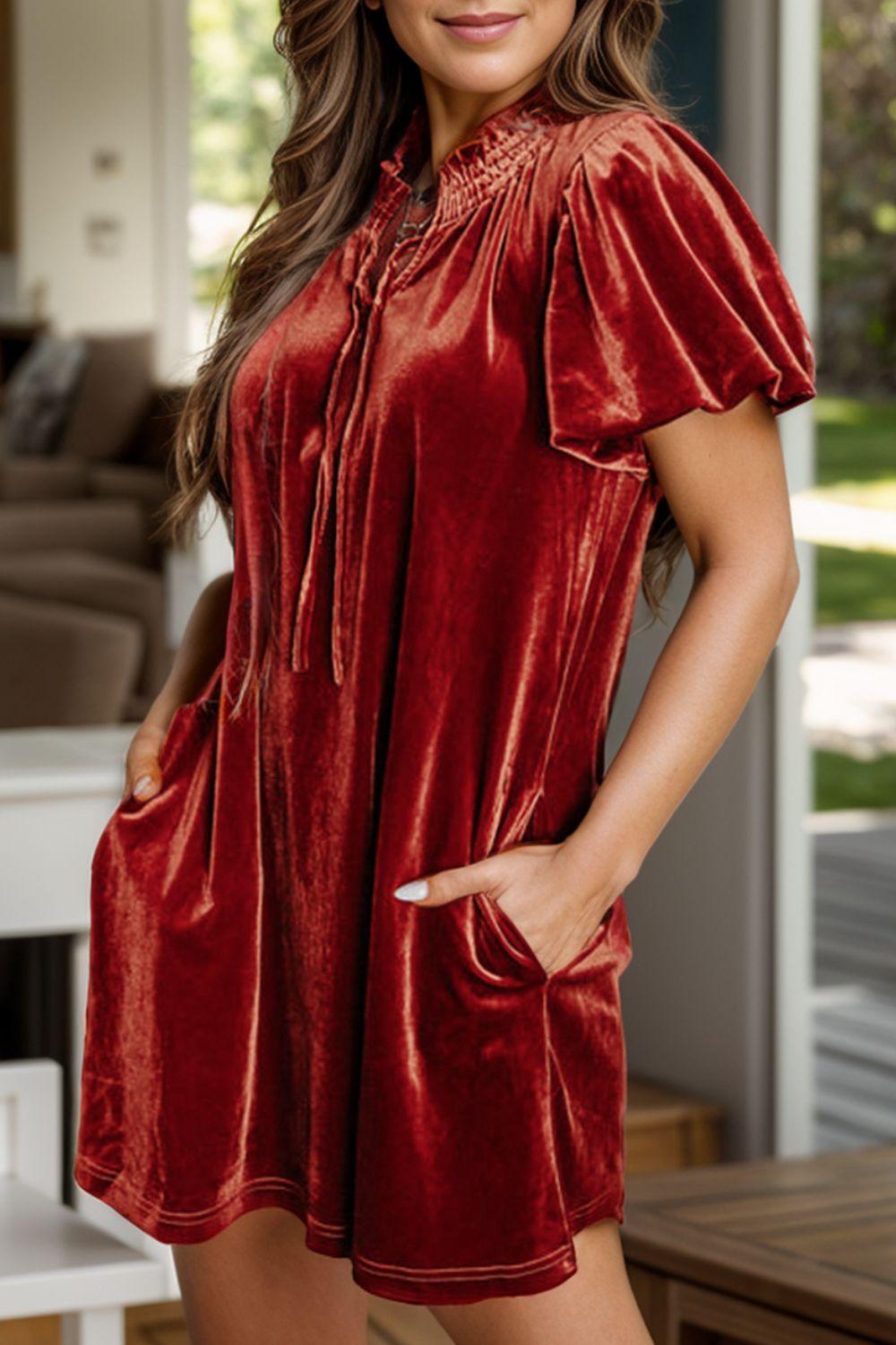 Velvet Tie Neck Short Sleeve Mini Dress - ClubOn