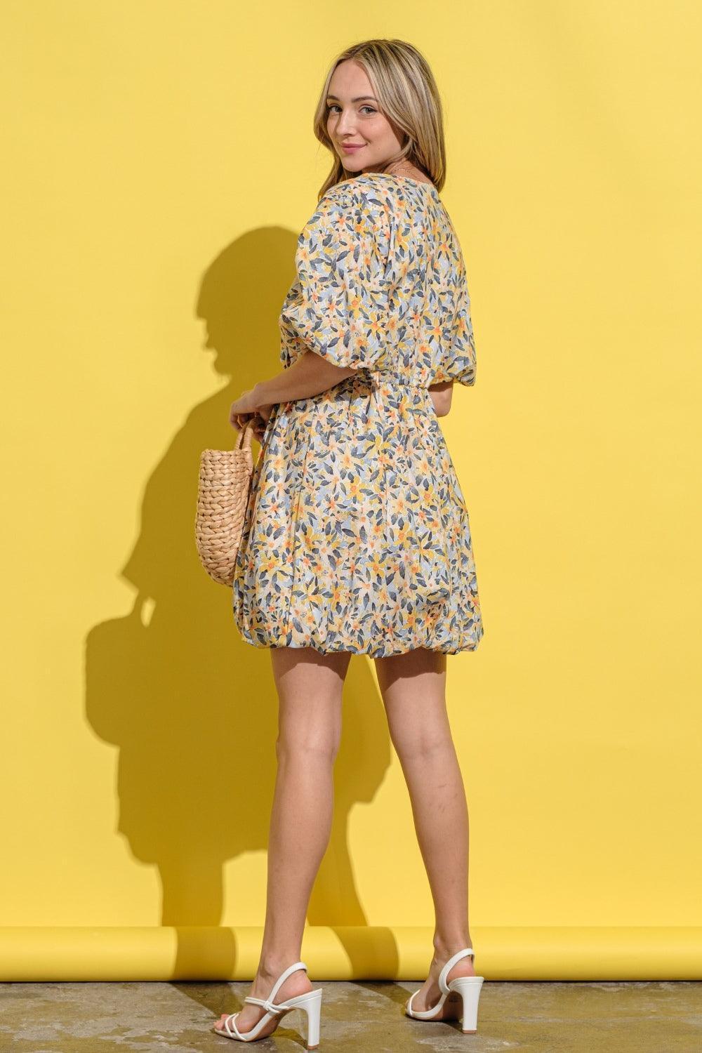 And The Why Full Size Floral Surplice Puff Sleeve Dress - ClubOn