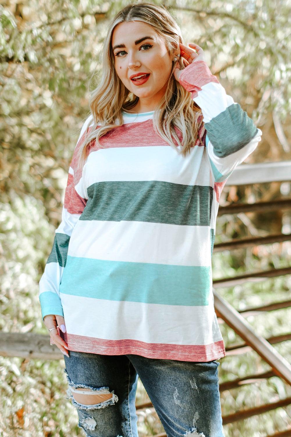 Plus Size Striped Slit Long Sleeve T-Shirt - ClubOn