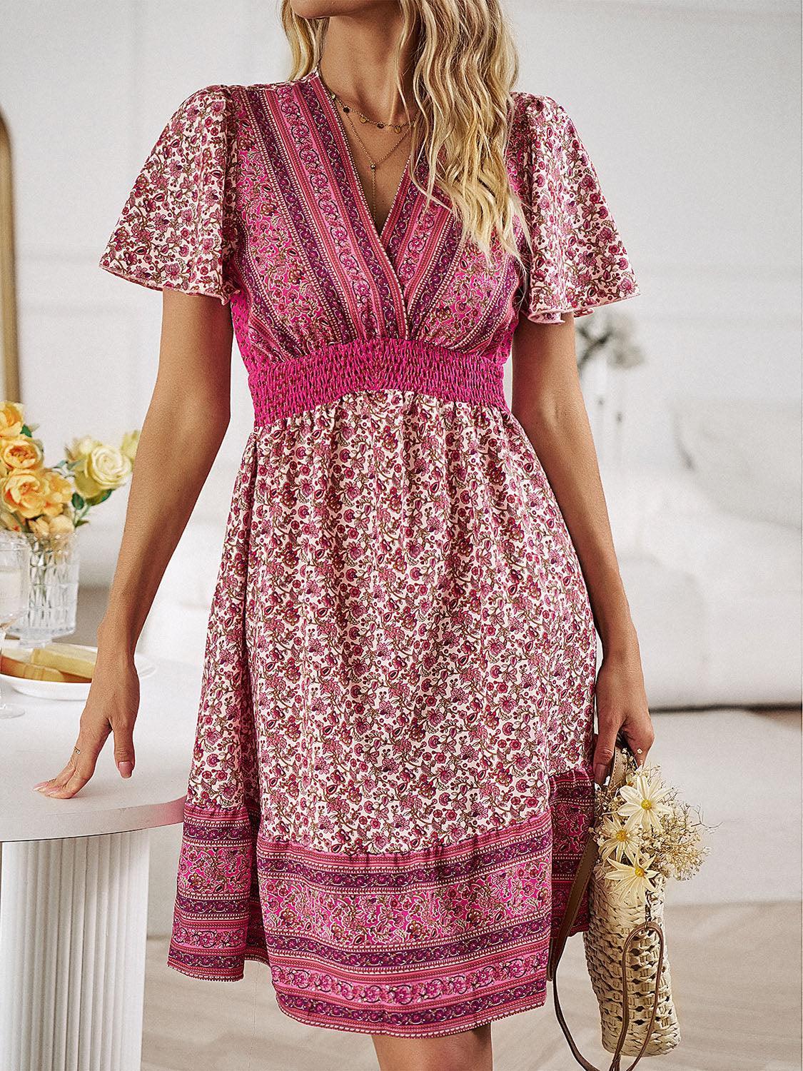 Devine Floral Smocked Waist Short Sleeve Mini Dress - ClubOn