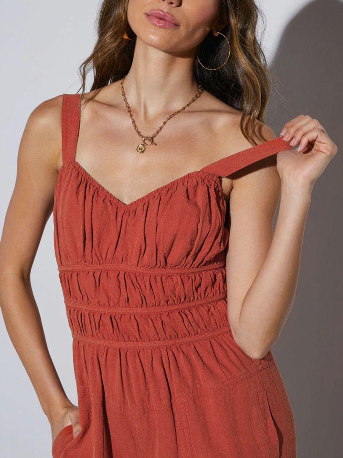 Perfee Ruched Wide Strap Jumpsuit with Pockets - ClubOn