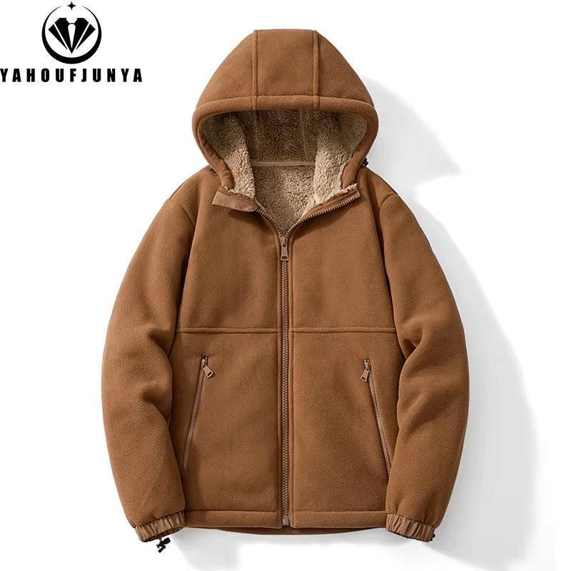 Men’s Winter Fleece Hooded Jacket – Solid Color Zipper Casual Coat - ClubOn