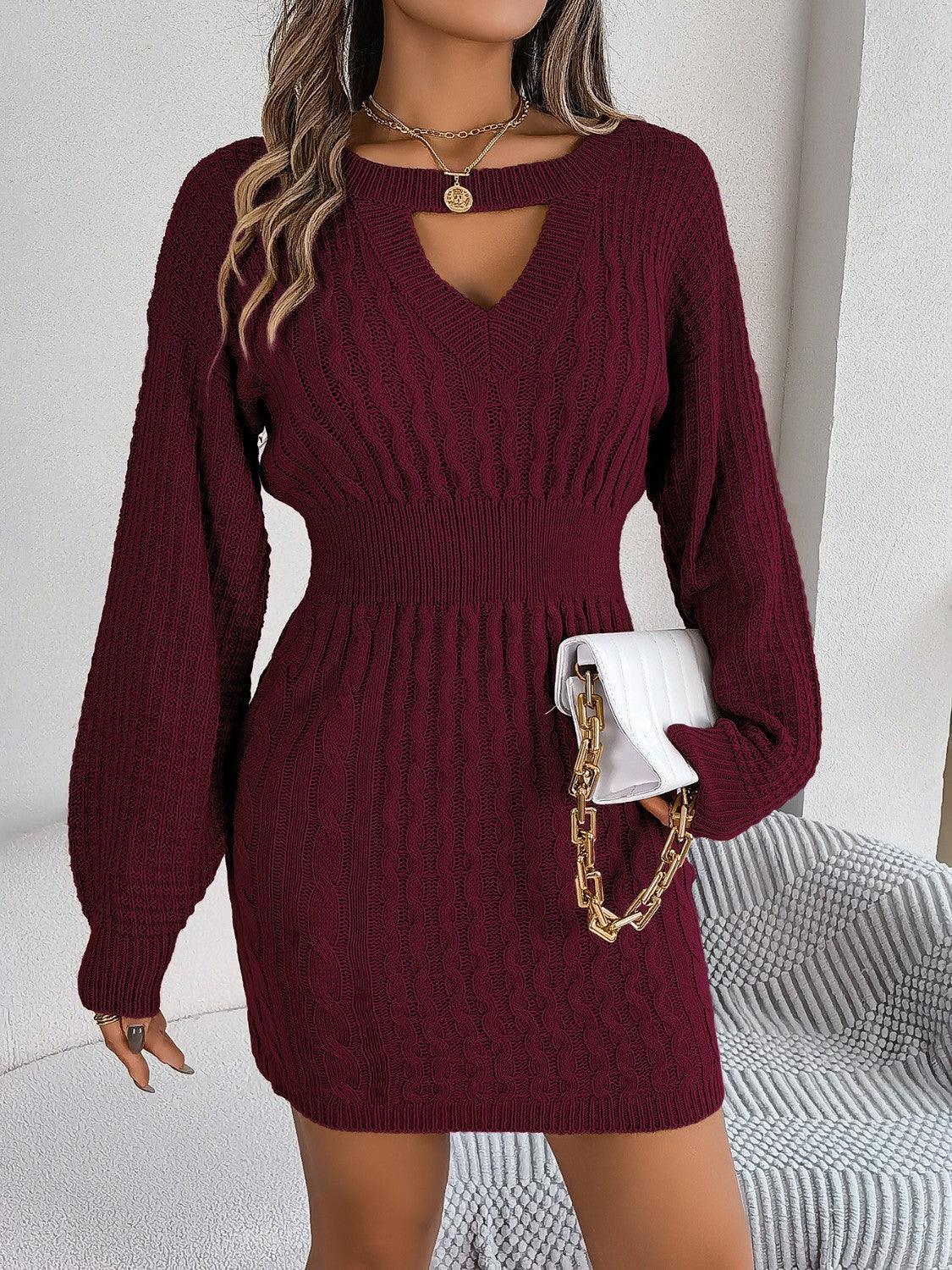 Cable-Knit Cutout Round Neck Slit Sweater Dress - ClubOn