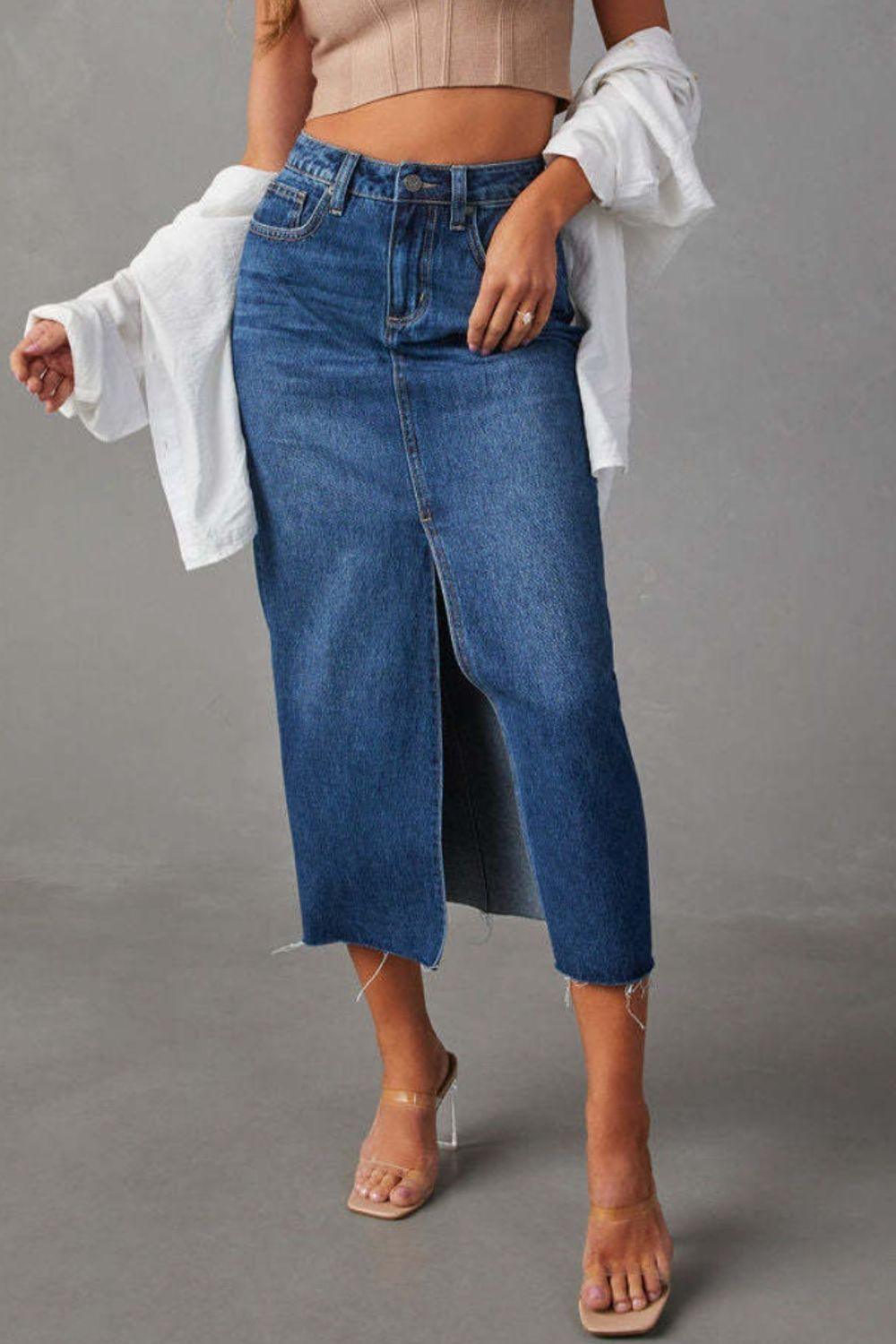 Slit Raw Hem Midi Denim Skirt - ClubOn