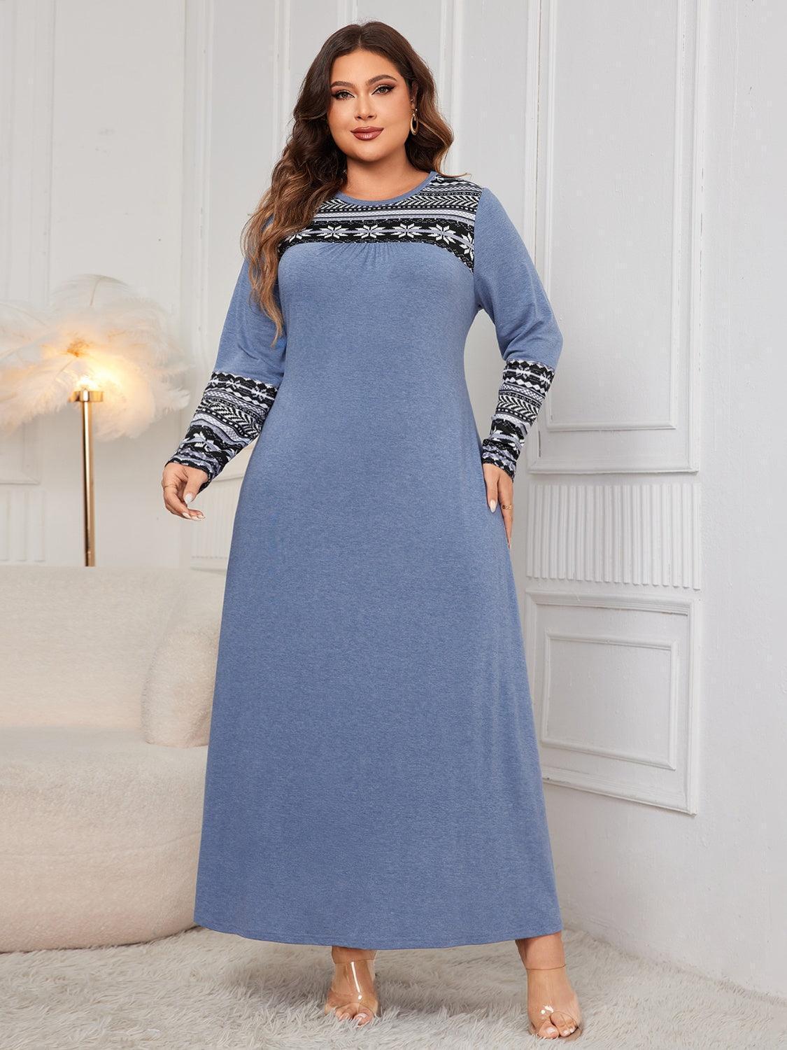 Honey Plus Size Printed Round Neck Long Sleeve Dress - ClubOn