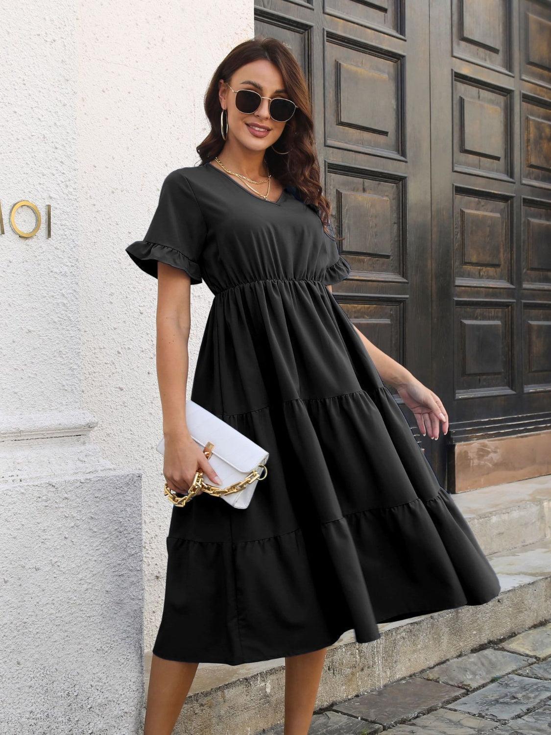 V-Neck Short Sleeve Midi Dress - ClubOn