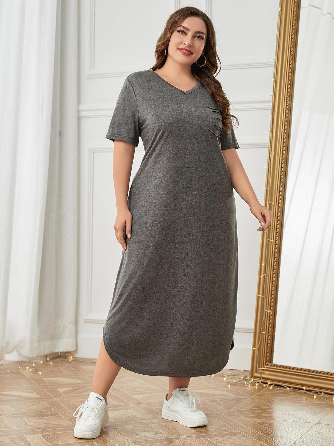 Plus Size Pocketed V-Neck Short Sleeve Lounge Dress - ClubOn