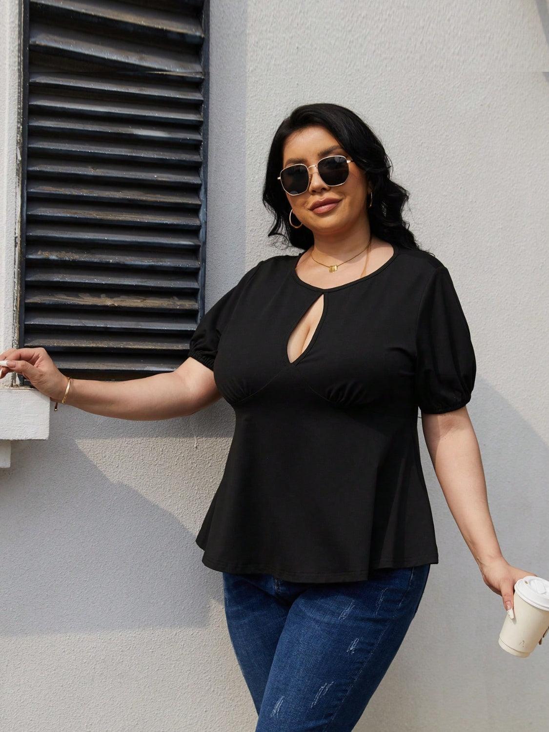 Plus Size Cutout Short Sleeve Blouse - ClubOn