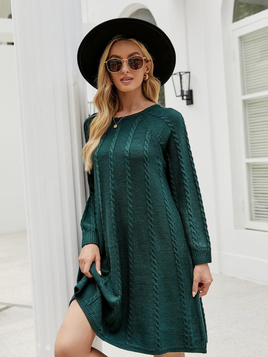 Cable-Knit Long Sleeve Sweater Dress - ClubOn