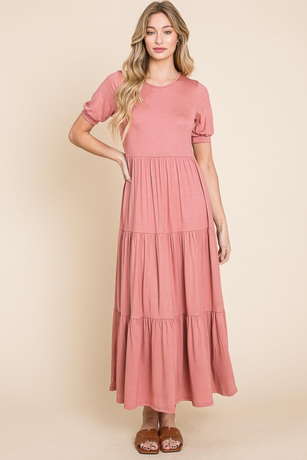 BOMBOM Short Sleeve Tiered Maxi Dress - ClubOn