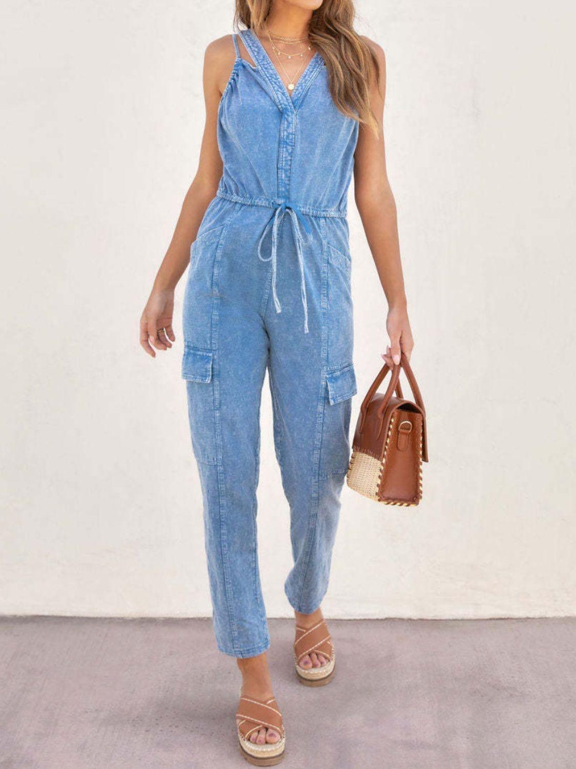 V-Neck Sleeveless Denim Jumpsuit - ClubOn