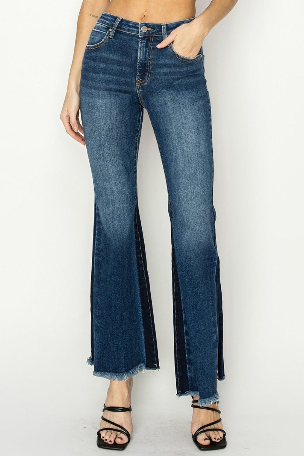 RISEN Full Size High Rise Side Shadow Seam Detail Slit Flare Jeans - ClubOn